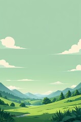 there is a cartoon style illustration of a green valley with trees