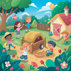  a group of children playing in a garden. 