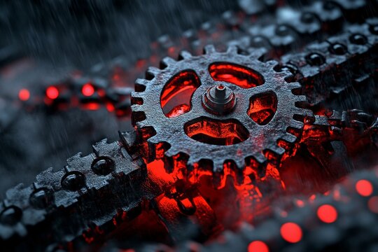 A dramatic depiction of a mysterious gear-driven mechanism surrounded by dark, swirling fog and ominous glowing red highlights