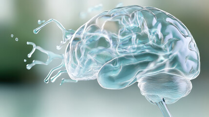 Dementia, A translucent brain surrounded by splashes of water, symbolizing creativity and the fluid nature of thought processes.