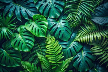 Tropical Flat Lay: Dark Green Monstera & Fern Leaves, Tilt-Shift Photography