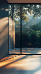 A serene interior scene with large windows showcasing a lush, green outdoor landscape.