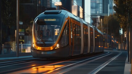 Obraz premium Modern tram traveling on city tracks at dawn.