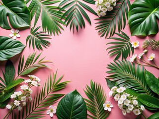 Tropical Leaf & Flower Flat Lay: Pink Background Summer Spring Invitation Card Mockup