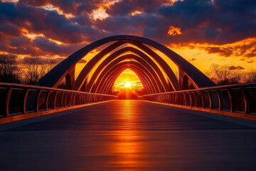 Obraz premium A dramatic photo of a geometric bridge at sunset, with sharp angles and intersecting beams creating stunning silhouettes