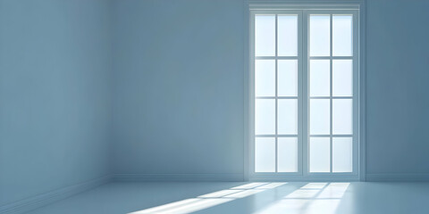 A serene, minimalistic room with large windows allowing natural light to flood in.