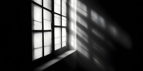 A monochrome image of a window casting shadows in a dark room.