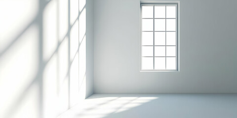 A minimalistic interior space with a window casting shadows.