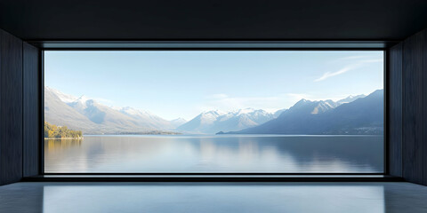 A panoramic view of serene mountains reflected in calm water through a large window.