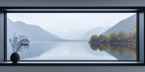 A serene landscape view through a large window, showcasing mountains and a calm lake.