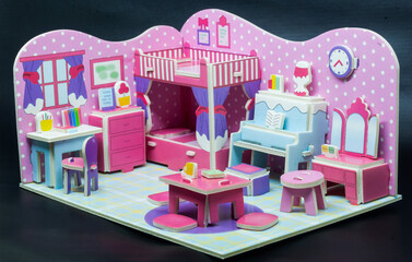Colorful Dollhouse Bedroom With Furniture and Decorations