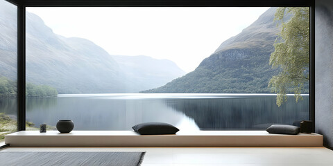A serene interior space with a view of a tranquil lake and mountains.