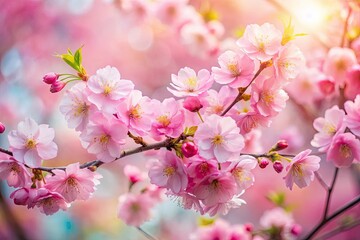 Fototapeta premium Delicate pastel pink cherry blossoms bloom, a springtime floral photography backdrop.