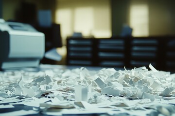 Shredded papers in office. Disposing private and confidential documents.