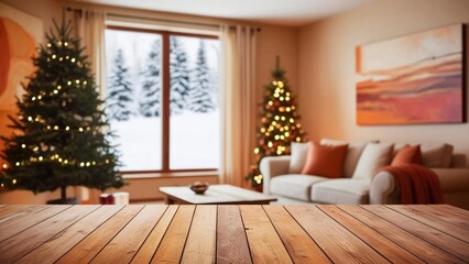 Empty wooden table in front of blurred winter holiday background