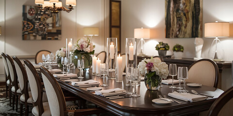 A formal dining room with a dark wood table and upholstered chairs