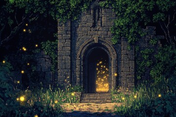 Obraz premium Enchanting stone archway glows with fireflies at night