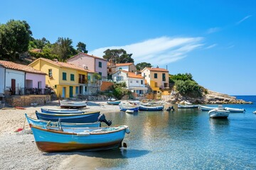 Fototapeta premium Fishing boats in a picturesque coastal village crystal clear waters colorful houses serene beach environment a stunning view of small ships docked tranquil seaside concept