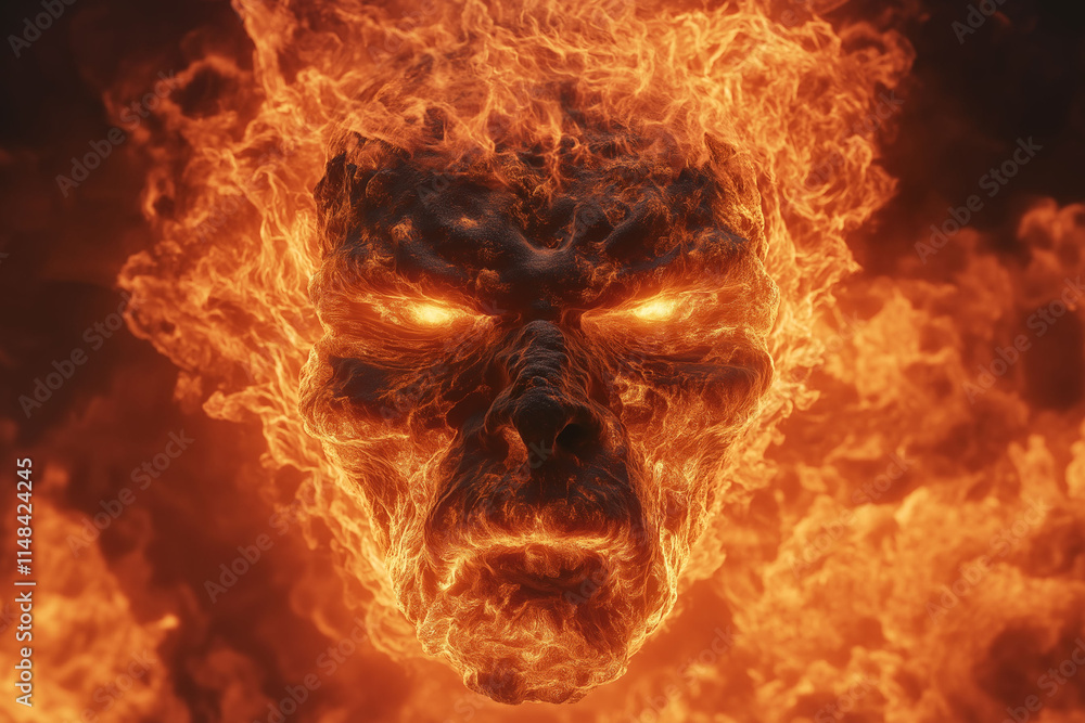 Poster emotional value anger expression reflection vulnerability. fiery face emerging from flames with inte
