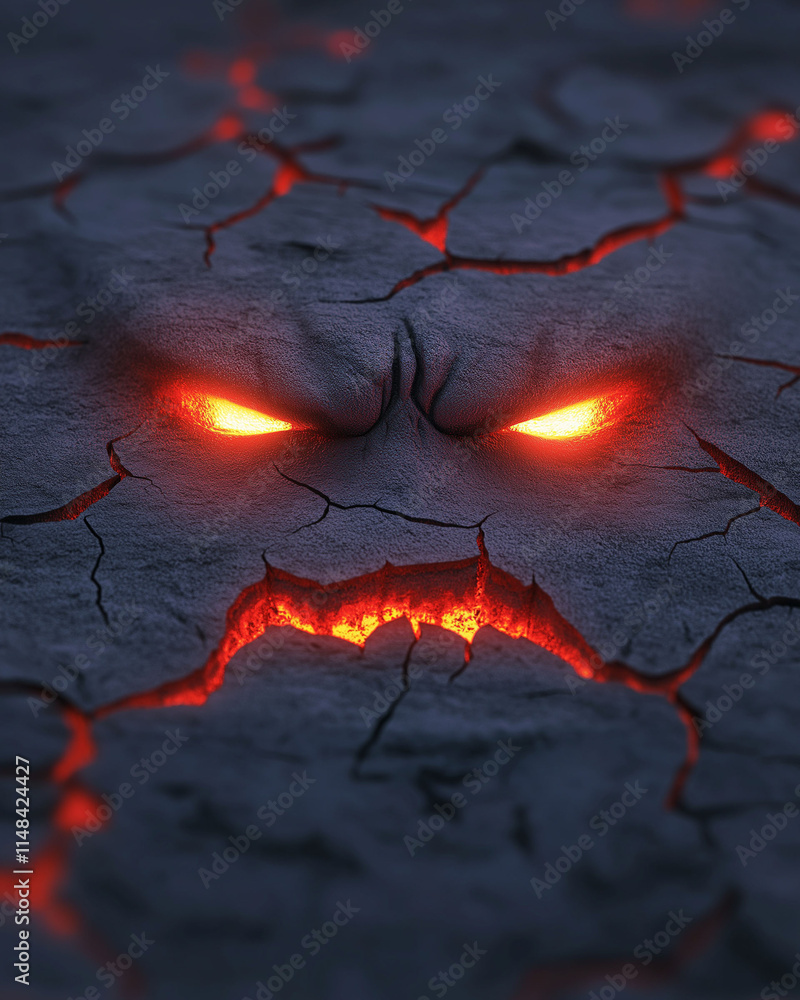 Poster emotional value anger expression reflection vulnerability. cracked surface with a menacing face and 