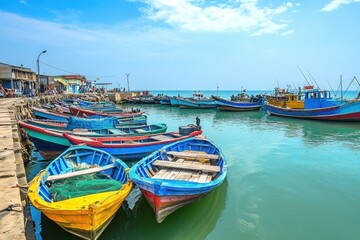 Charming fishing village with colorful ships coastal waters photograph serene environment aerial view vibrant culture of local fishing community