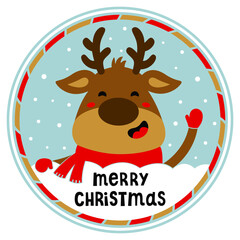 Christmas door sign with cute deer. Adorable cartoon character. Vector illustration. Merry Christmas phrase. For postcard, window,wall decoration, door hanger.