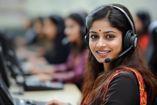 Smiling customer service agent wearing headset, working at computer. Ideal for call center, tech support, or communication concepts.