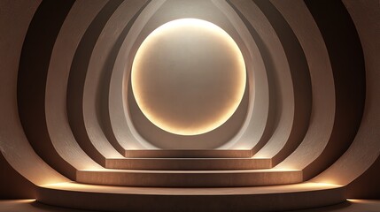 Obraz premium A modern architectural space featuring a circular light installation within a sculptural alcove, creating a serene ambiance.