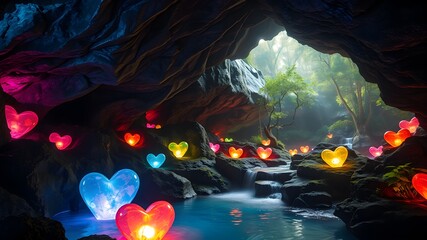 Obraz premium Heart-shaped crystals glowing in a mystical cave