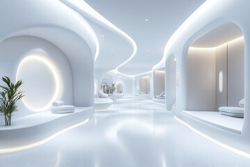 Modern minimalist spa interior design; sleek white curves and soft lighting create a serene atmosphere. Perfect for websites, brochures, or articles showcasing luxurious relaxation and wellness.