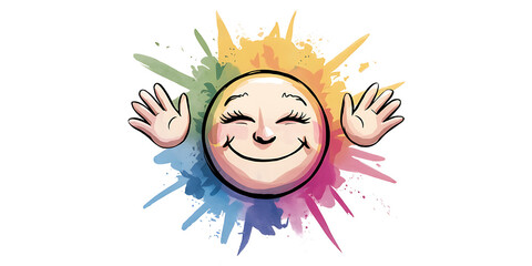 A watercolor style illustration of a smiling face with its eyes closed and hands raised upwards, spreading joy