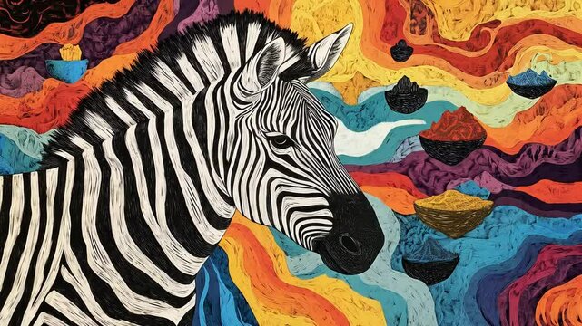A zebra and a giraffe in a vibrant, abstract style, symbolizing imagination and creativity, with a painting background