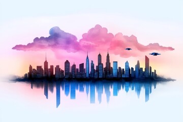 Fototapeta premium A dreamy watercolor painting of a futuristic city, with soft, glowing hues blending to create an ethereal skyline of flying vehicles and glowing towers