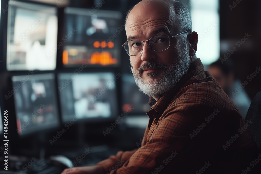 Poster a professional technical controller at his desk with several monitors