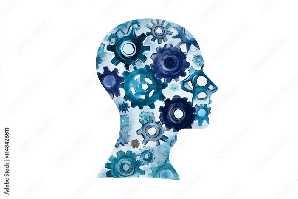 Poster a flat design of a human profile filled with interconnected gears in gradient shades of blue, symbol