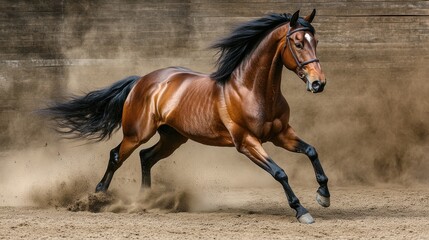 Fototapeta premium Brown horse powerfully running, dust flying. Perfect for equestrian, speed, and freedom themes.