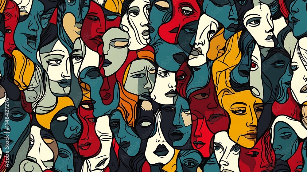 Poster Faces in colorful abstract pattern.
