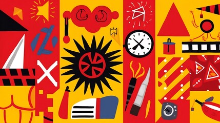 Abstract Collage Featuring Red Yellow Geometric Shapes