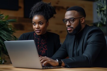Female Tech Entrepreneur and Male IT Specialist Collaborate using Laptop focus on Cloud Computing Server and IT Management
