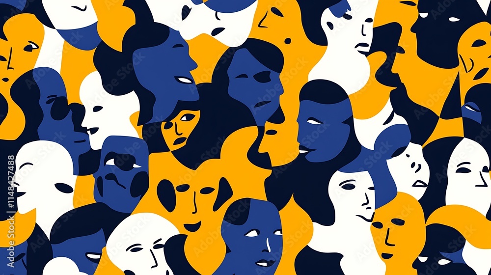 Poster diverse faces in bold patterns.