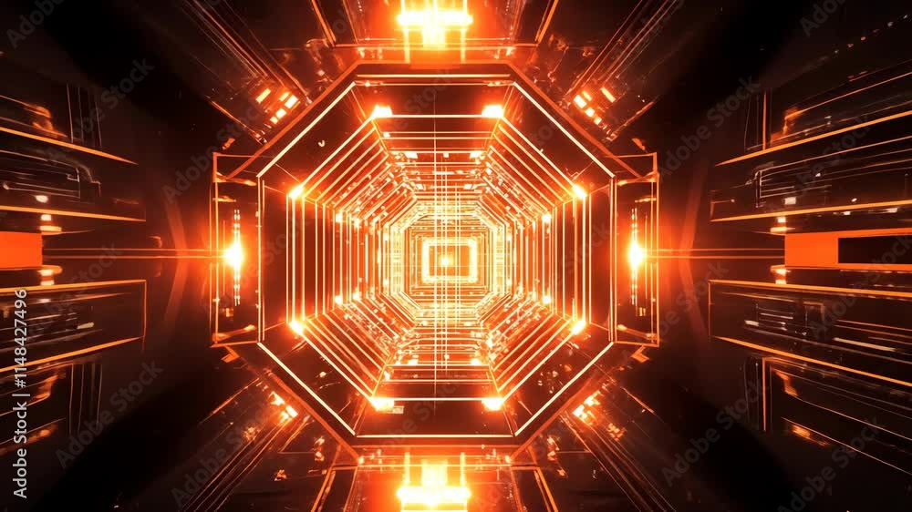 Poster futuristic hexagonal tunnel with glowing orange lights and intricate patterns at night