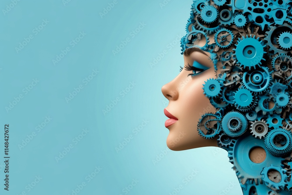 Poster a flat design of a human profile filled with interconnected gears in gradient shades of blue, symbol