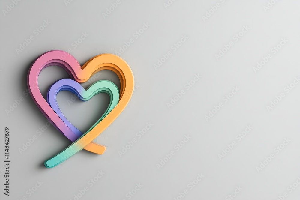 Poster A flat design of two overlapping hearts in rainbow colors, centered on a plain white canvas for a sleek and modern look