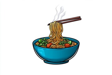 A flat, colorful depiction of a bowl of ramen, with steam rising above the noodles, drawn in a cheerful style against a white background