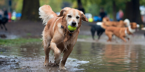  of a golden retriever playing fetch at a park