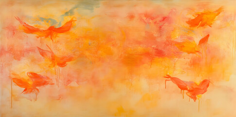 Abstract artwork featuring vibrant orange birds against a soft, warm background.