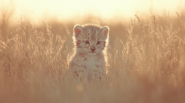 Adorable lynx kitten in tall grass at sunset.