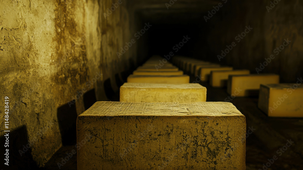 Poster rows of neatly arranged blocks of cheese in a dimly lit old storage space