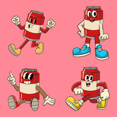 Set of Soda Drink Cartoon Character in Retro 70s Illustration