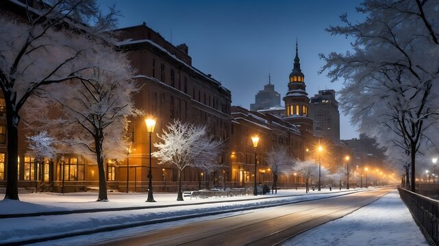 Quiet City Street: A Snowy Pathway Lined with Bare Trees and Illuminated by Streetlamps. Winter Wallpaper